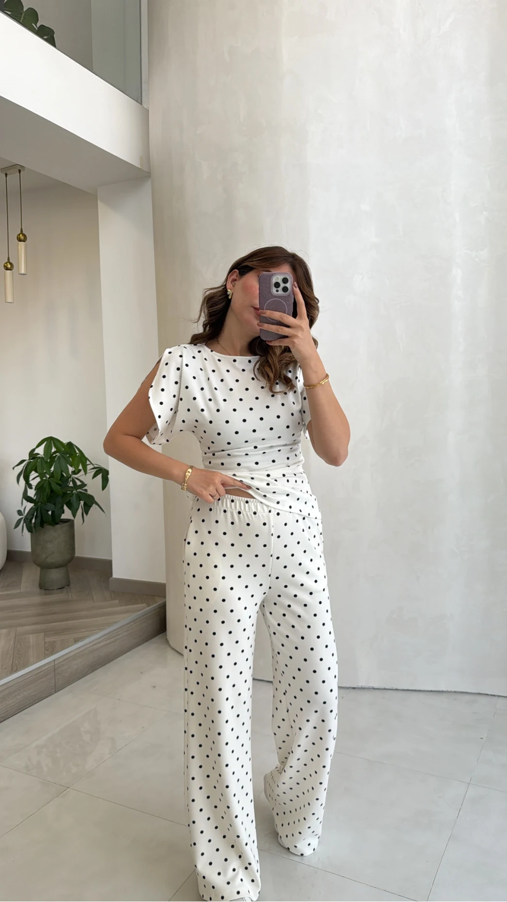 Andora Puantiye Desen Bluz Pantolon Takım - Ekru - Kod: 4133