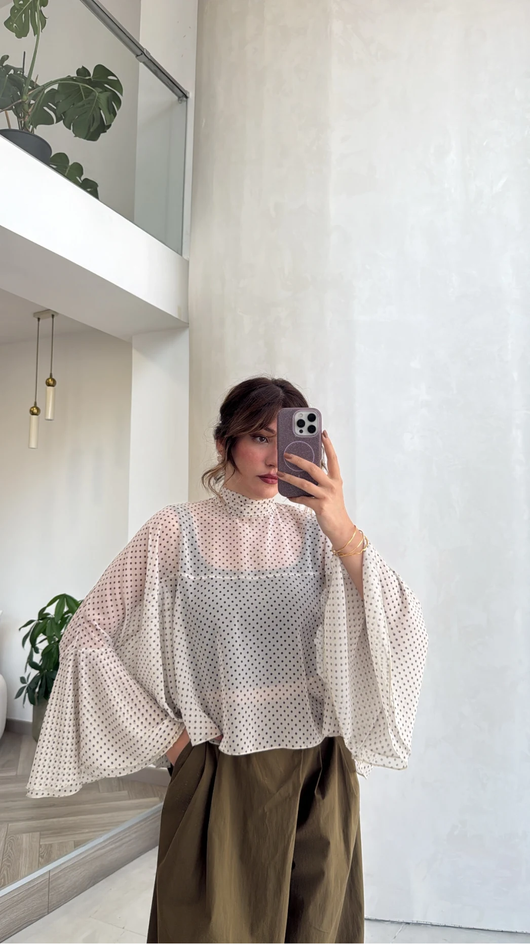 Puantiye Desenli Transparan Panço Bluz - Beyaz - Kod: 5074