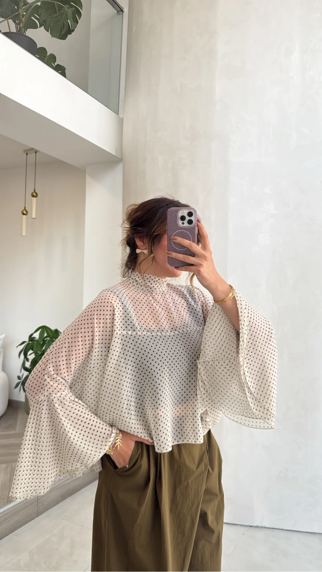 Puantiye Desenli Transparan Panço Bluz - Beyaz - Kod: 5074