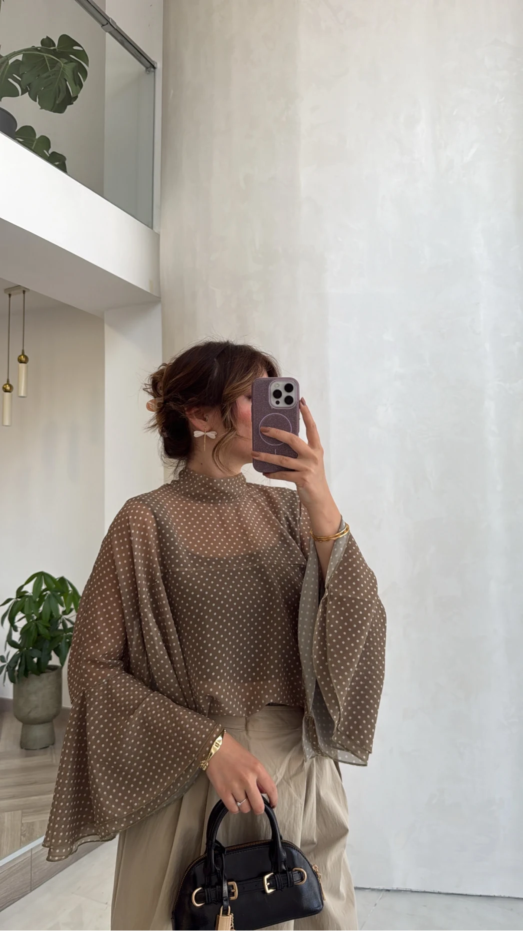 Puantiye Desenli Transparan Panço Bluz - Olive - Kod: 5074