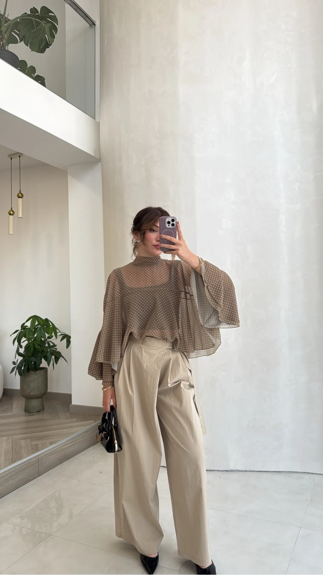 Puantiye Desenli Transparan Panço Bluz - Olive - Kod: 5074