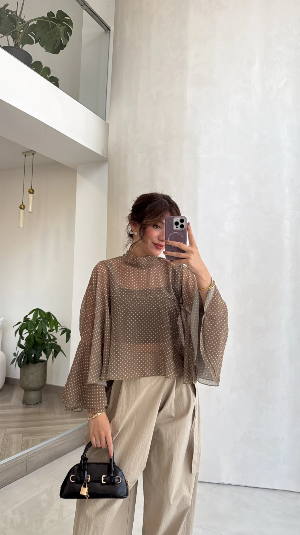 Puantiye Desenli Transparan Panço Bluz - Olive - Kod: 5074