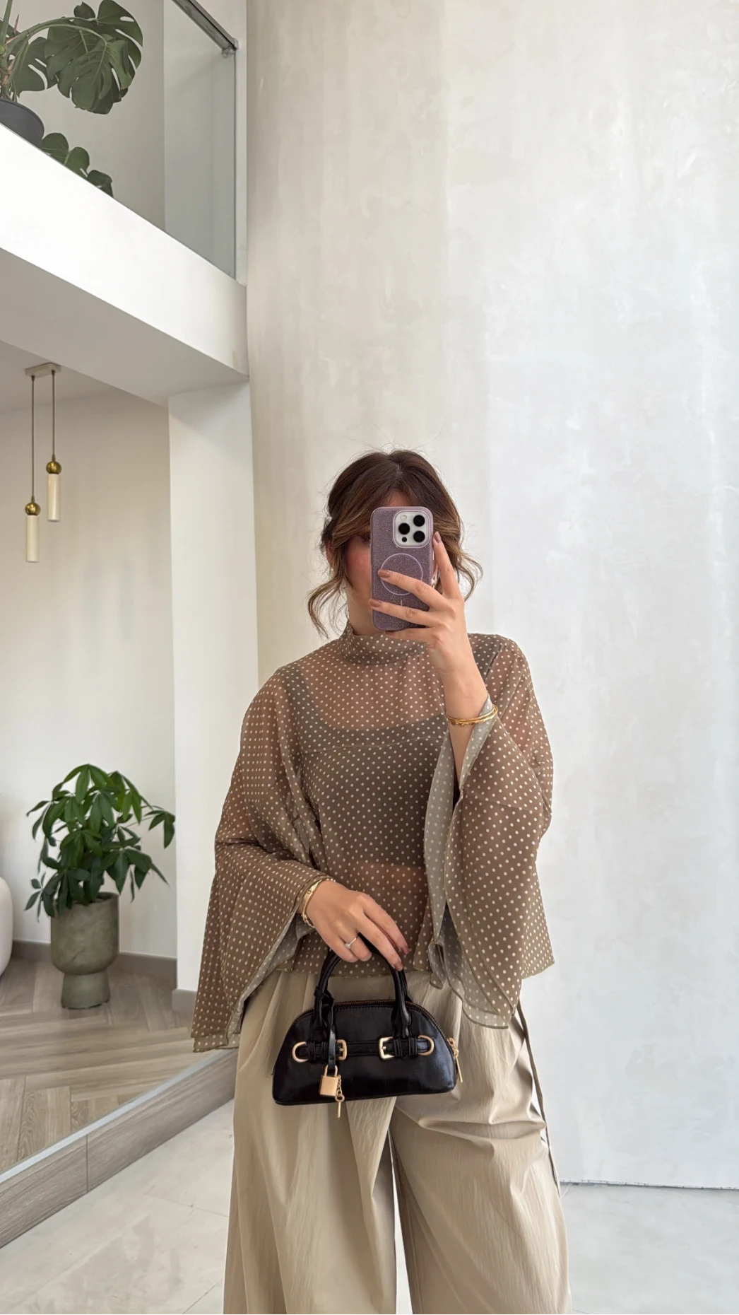 Puantiye Desenli Transparan Panço Bluz - Olive - Kod: 5074