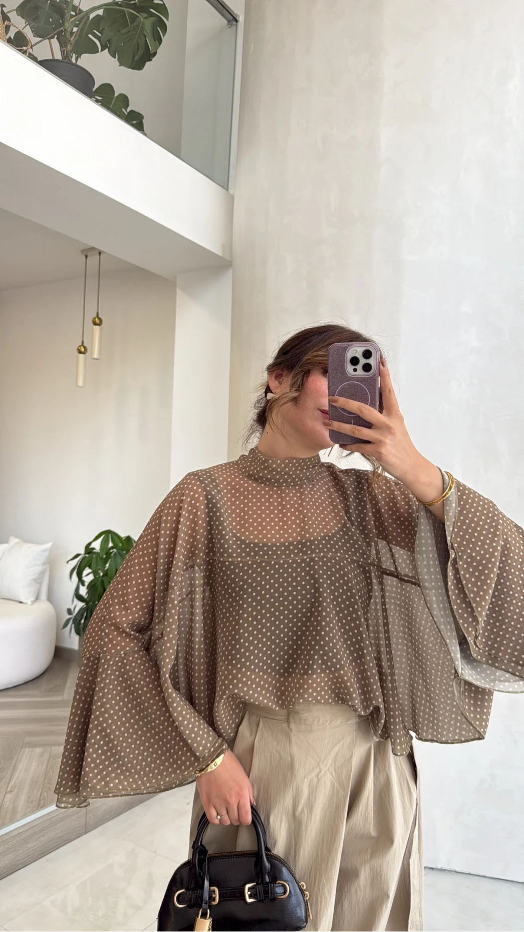 Puantiye Desenli Transparan Panço Bluz - Olive - Kod: 5074