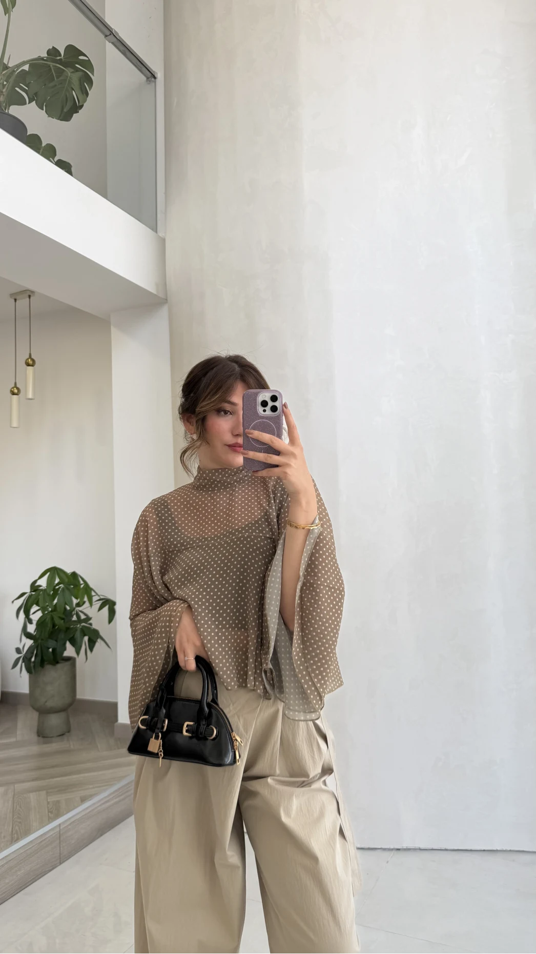 Puantiye Desenli Transparan Panço Bluz - Olive - Kod: 5074