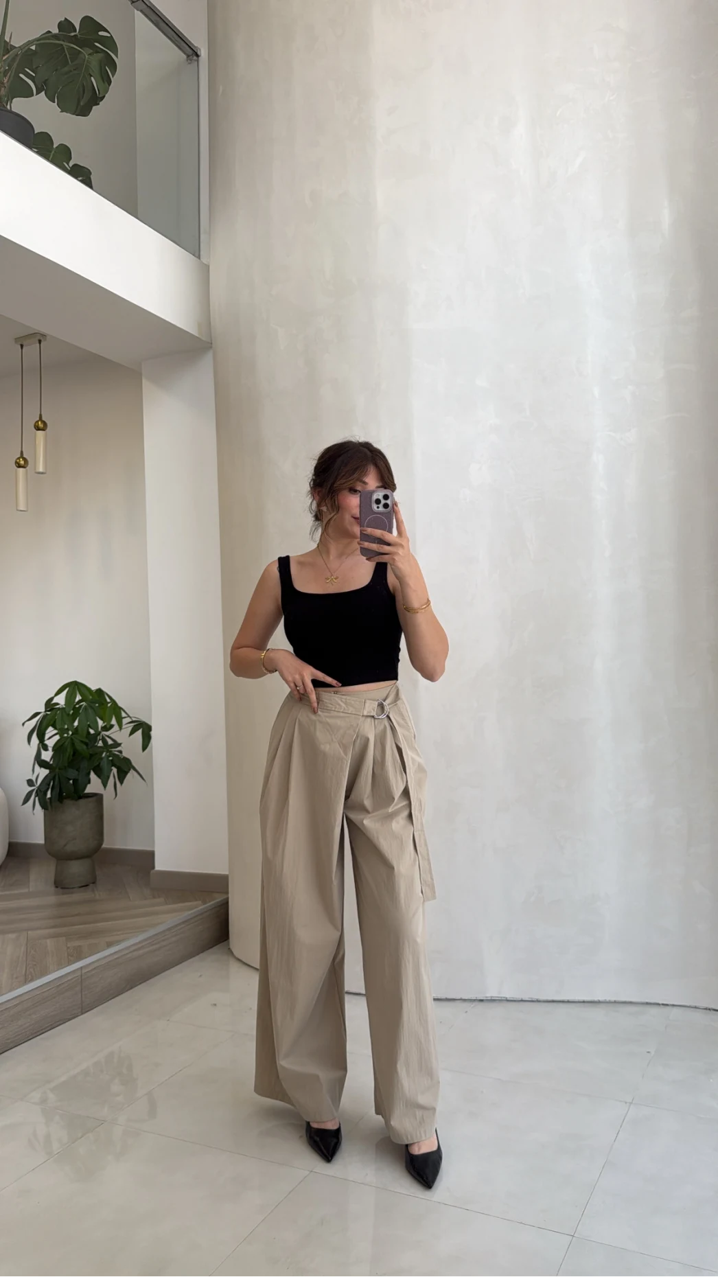 Kuşaklı Bol Paça Pantolon - Taş - Kod: 51300