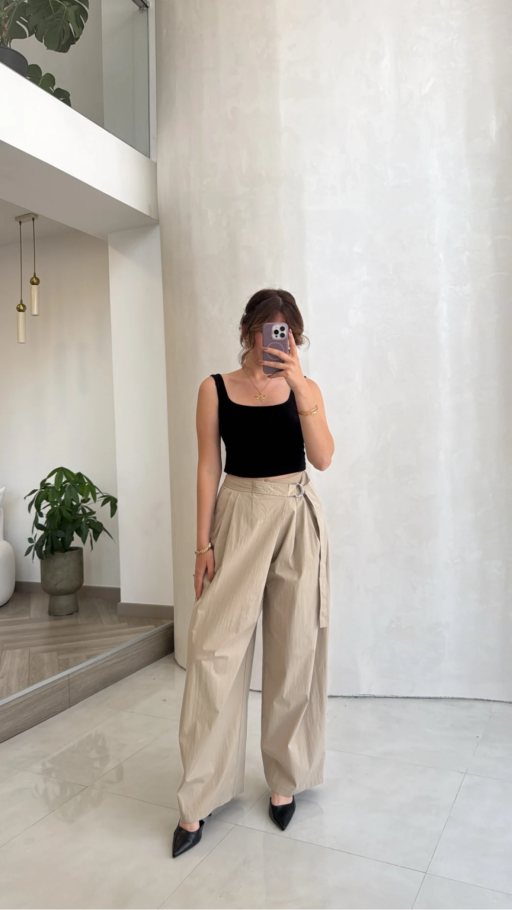 Kuşaklı Bol Paça Pantolon - Taş - Kod: 51300