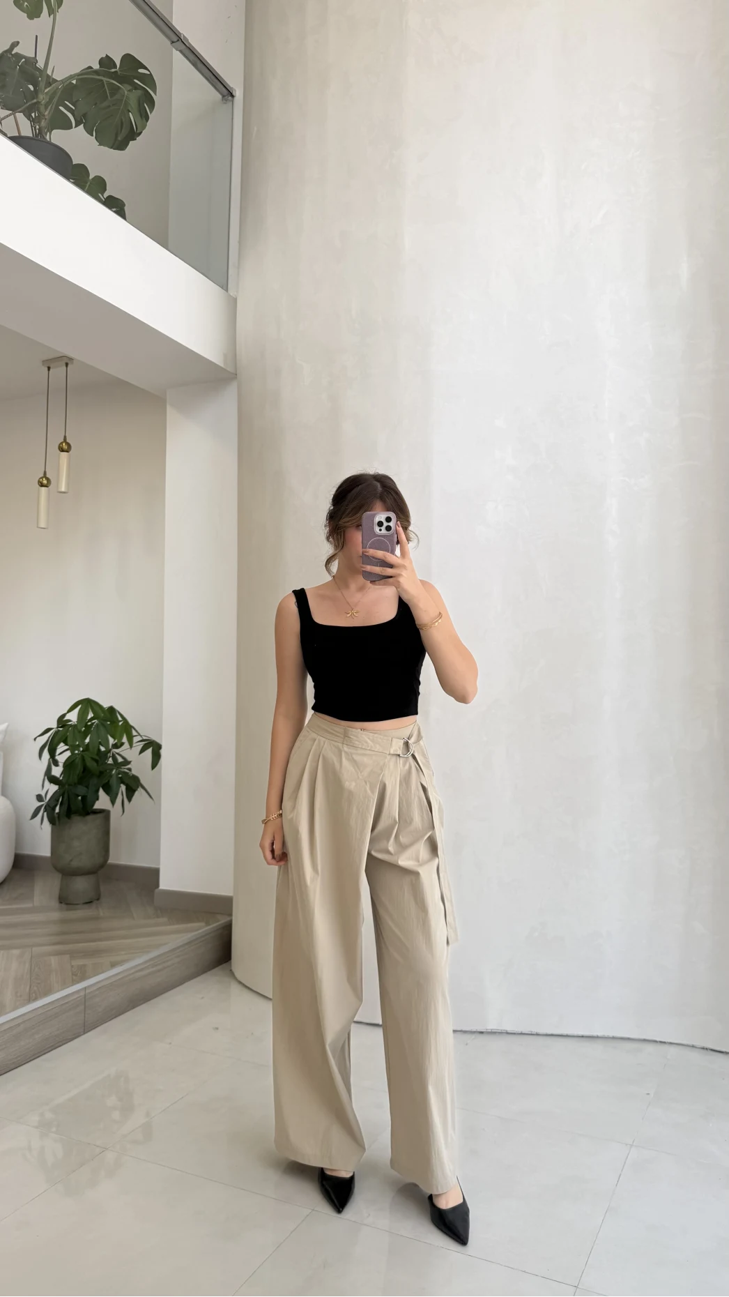 Kuşaklı Bol Paça Pantolon - Taş - Kod: 51300