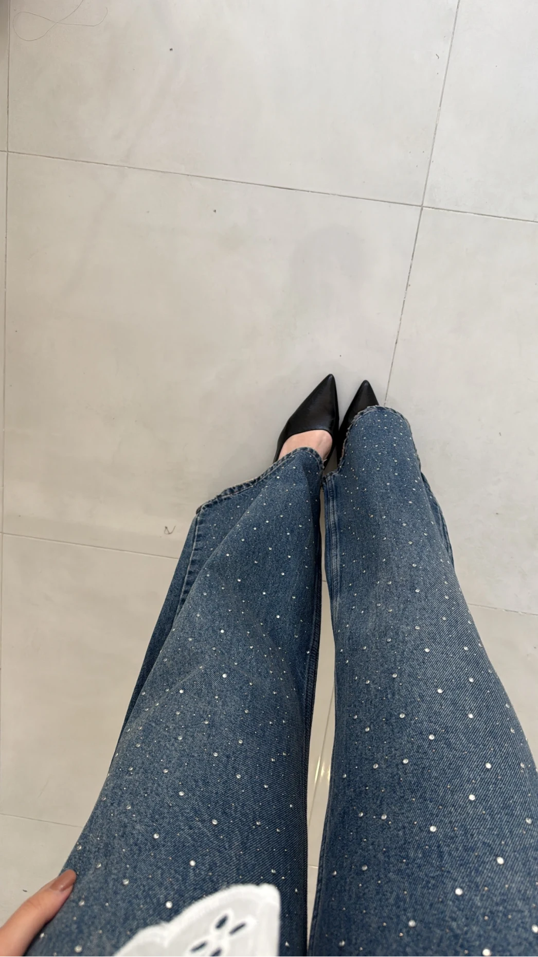 Kemerli Yüksek Bel Taşlı Jean Pantolon - Mavi