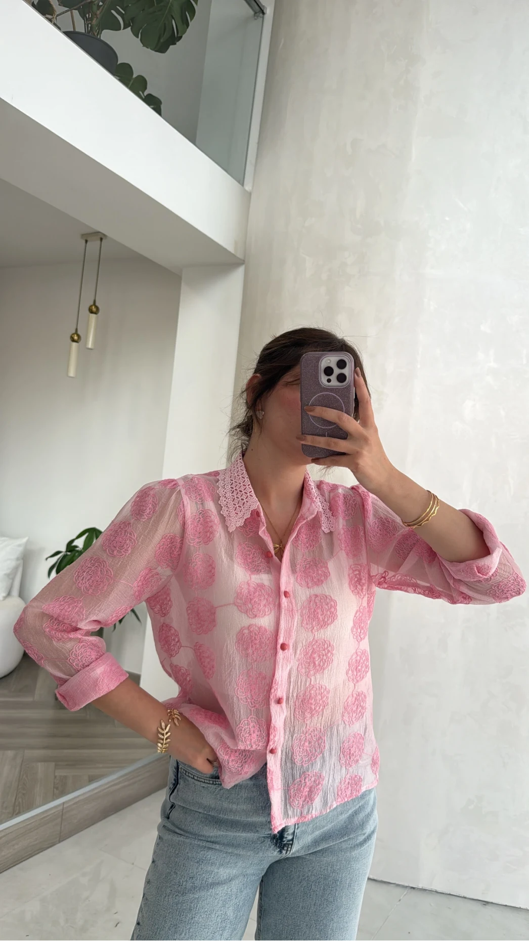 Tensel Çiçek Dokulu Gömlek - Pembe - Kod: 2272
