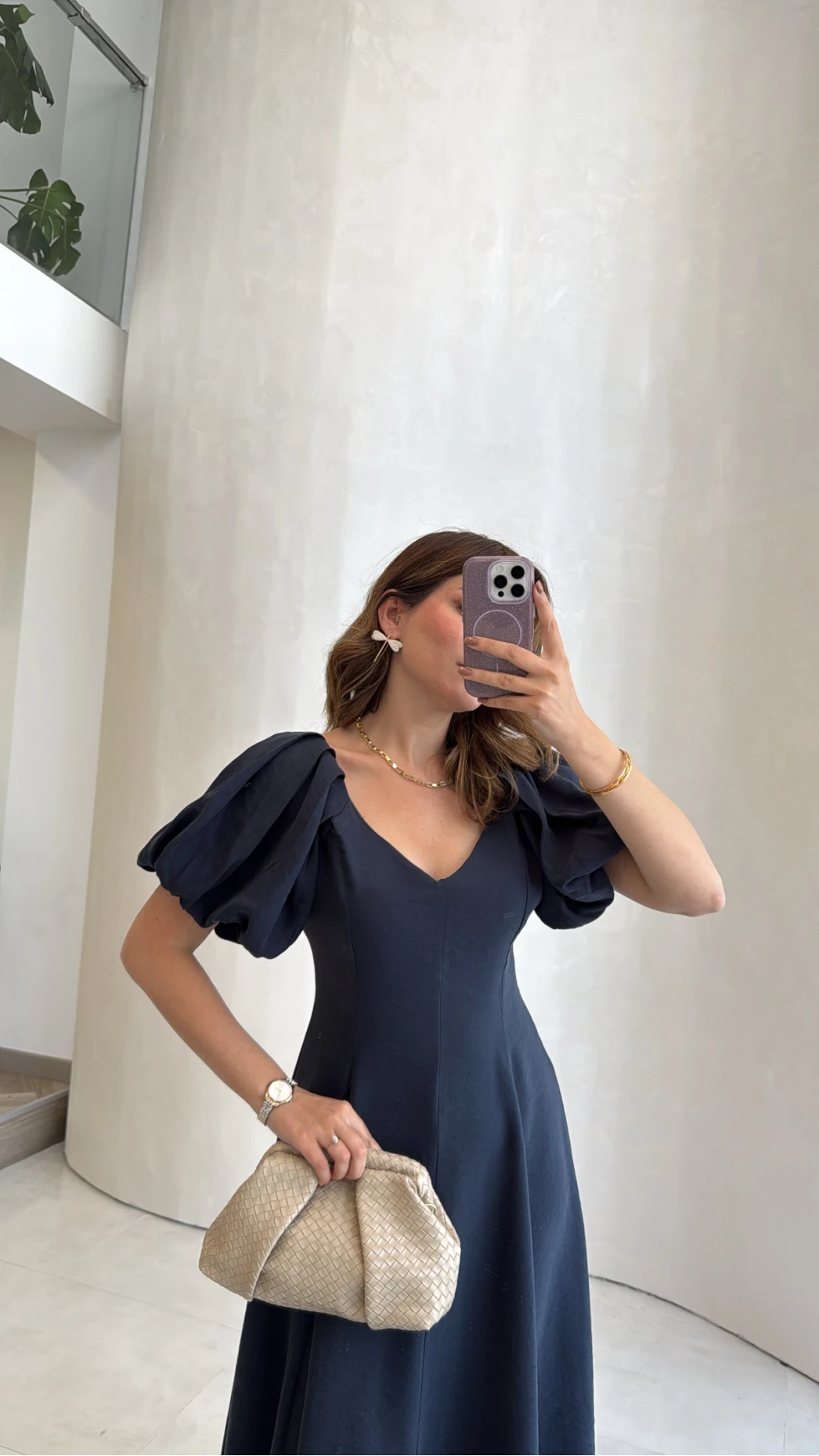 Bella Balon Kol Midi Boy Elbise - Lacivert - Kod: 2384