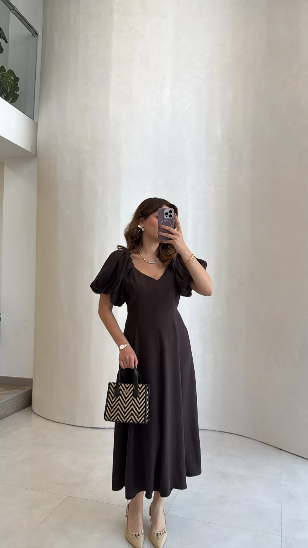 Bella Balon Kol Midi Boy Elbise - Kahve - Kod: 2384