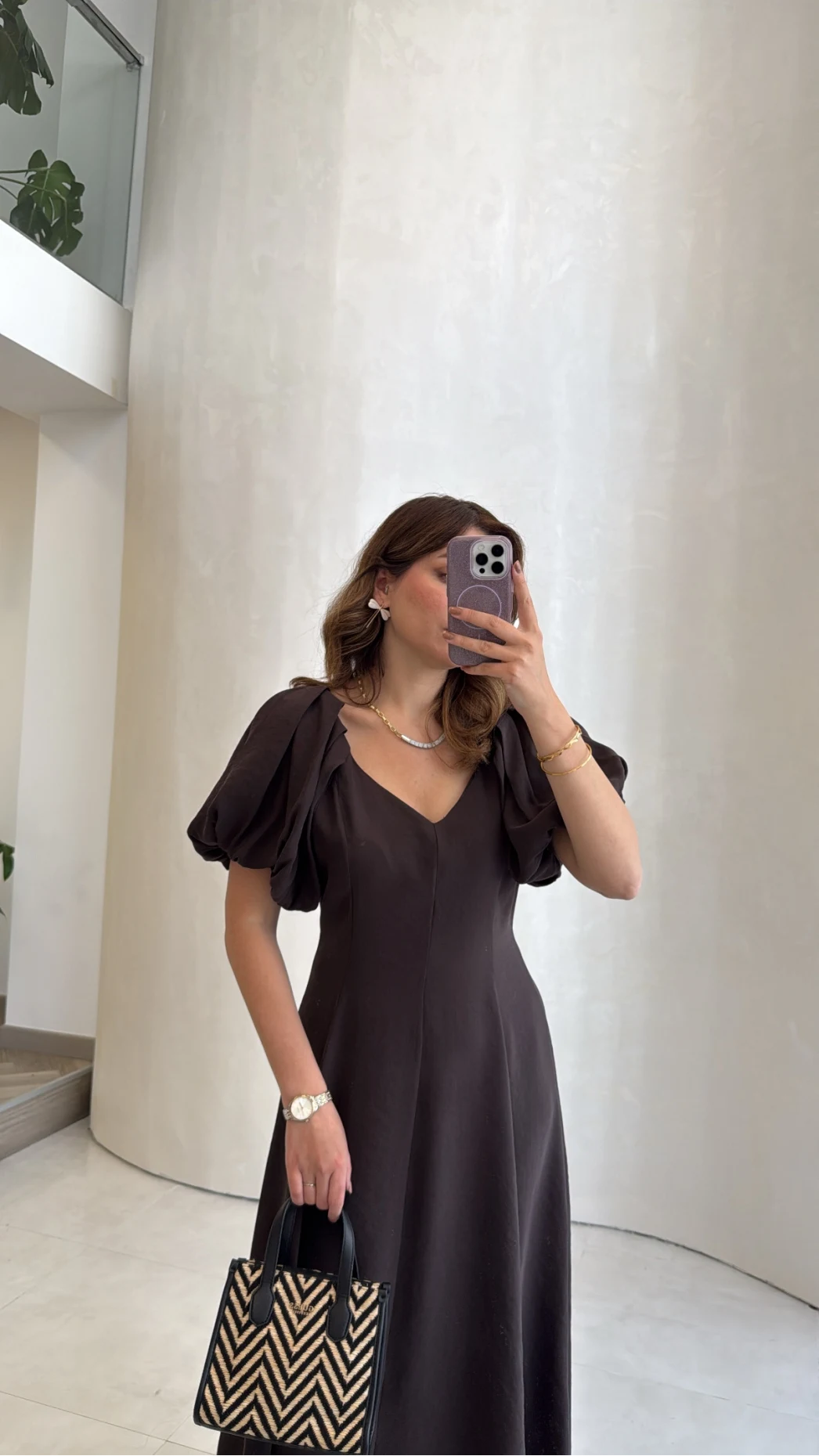 Bella Balon Kol Midi Boy Elbise - Kahve - Kod: 2384