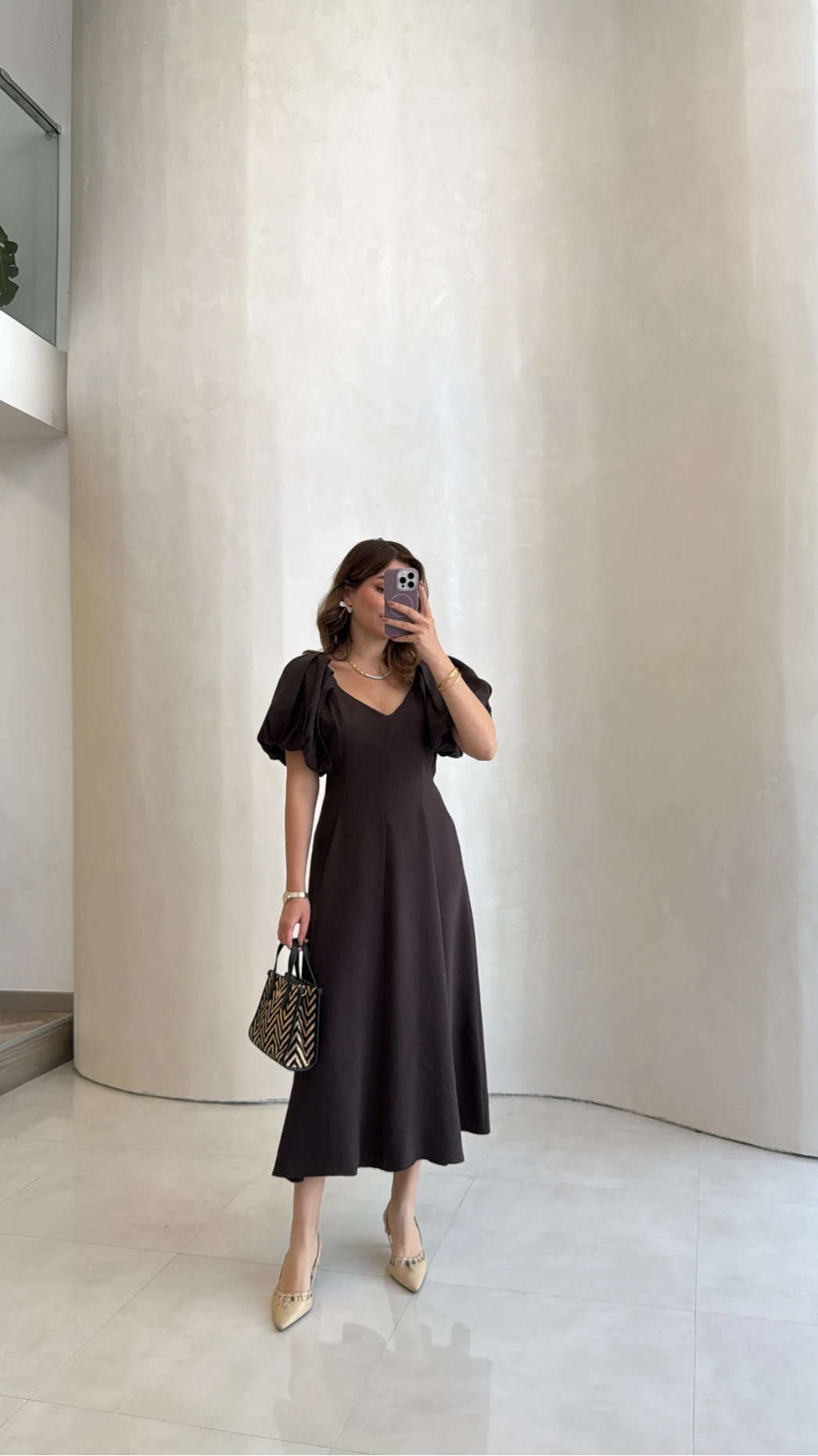 Bella Balon Kol Midi Boy Elbise - Kahve - Kod: 2384