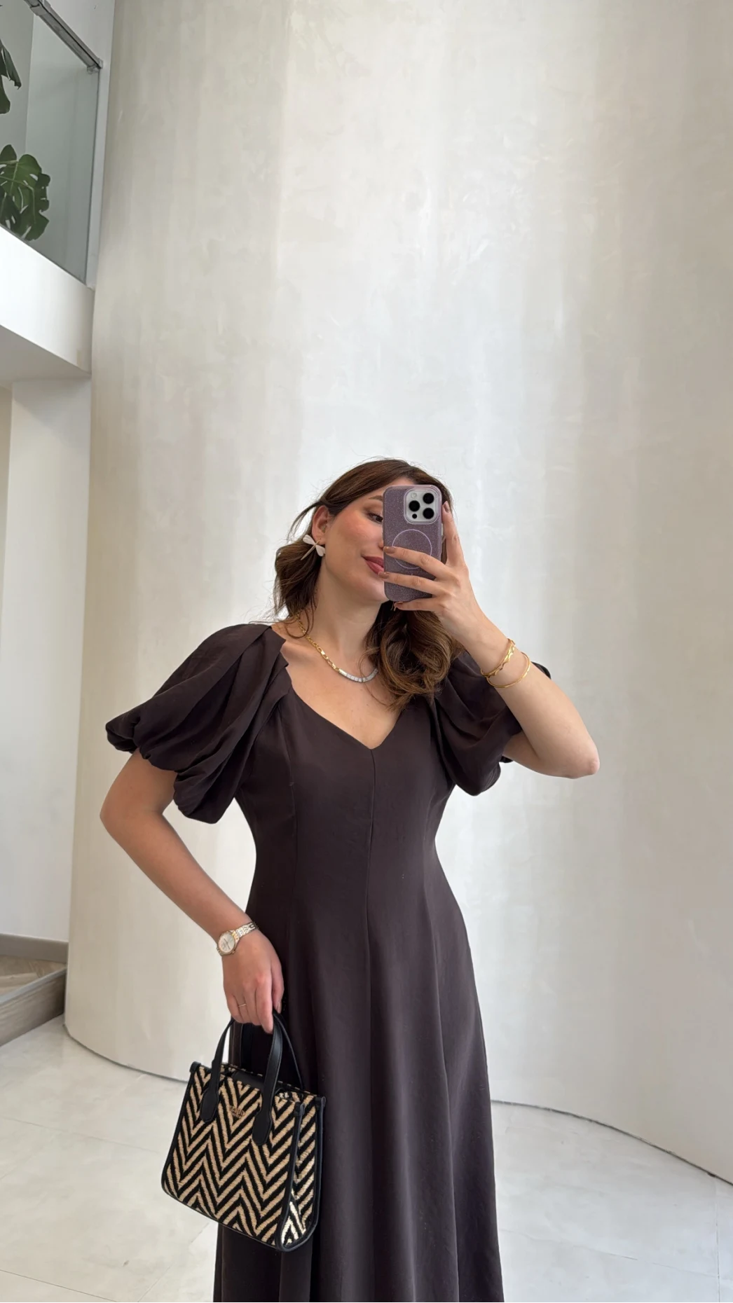 Bella Balon Kol Midi Boy Elbise - Kahve - Kod: 2384
