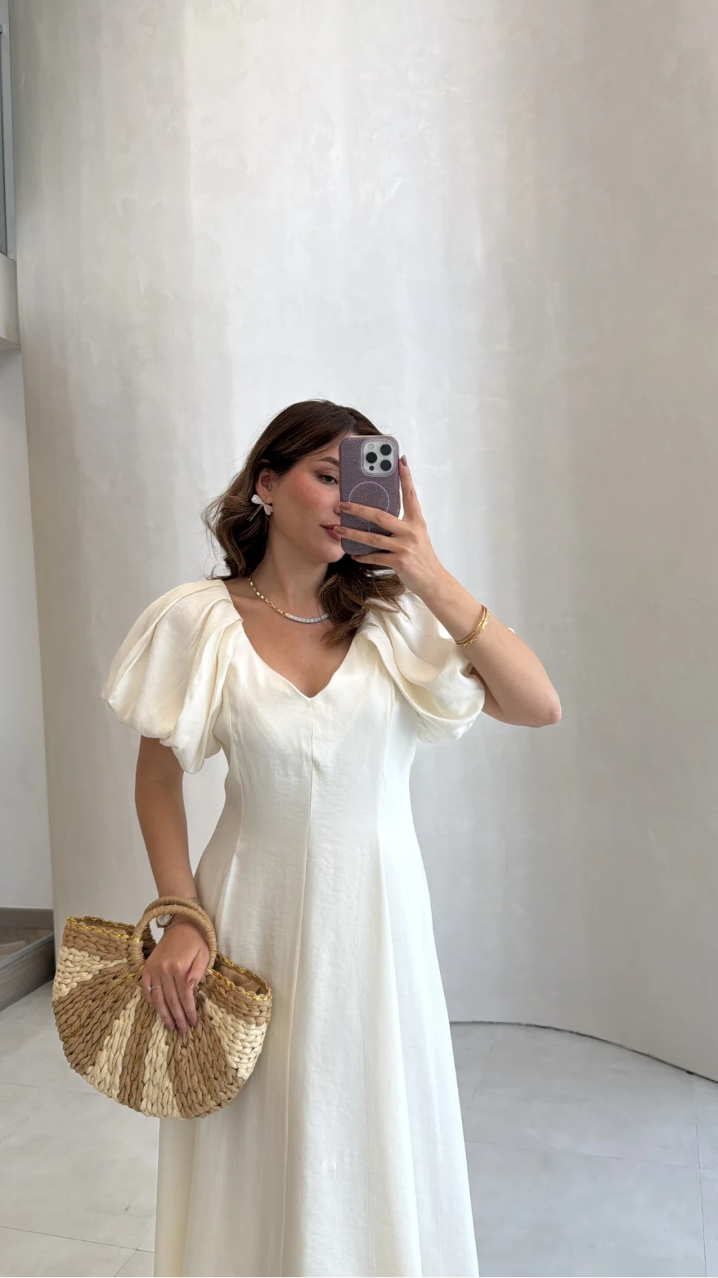 Bella Balon Kol Midi Boy Elbise - Ekru - Kod: 2384