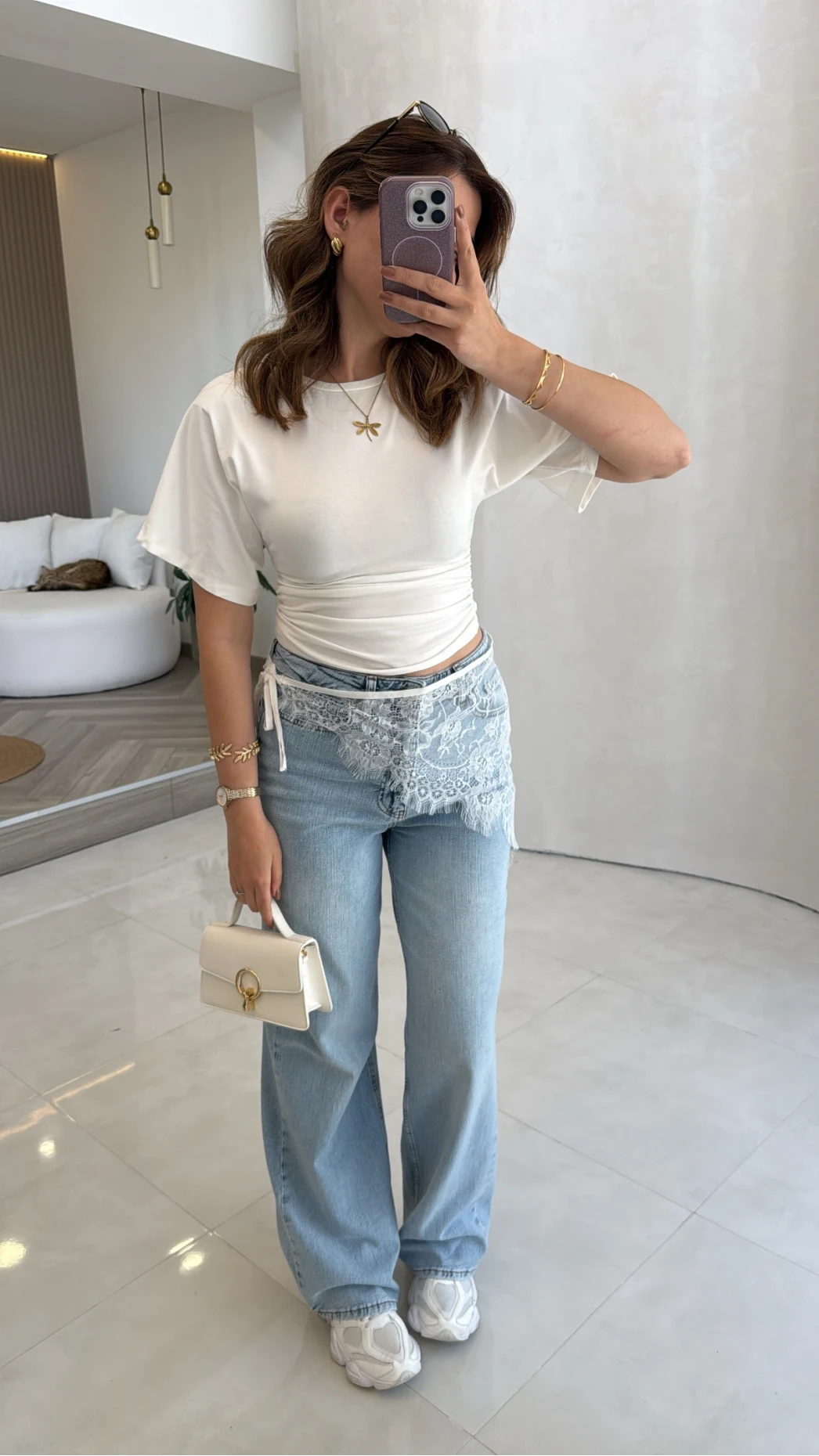 Bole Yüksek Bel Dantelli Denim Jean Pantolon - Mavi