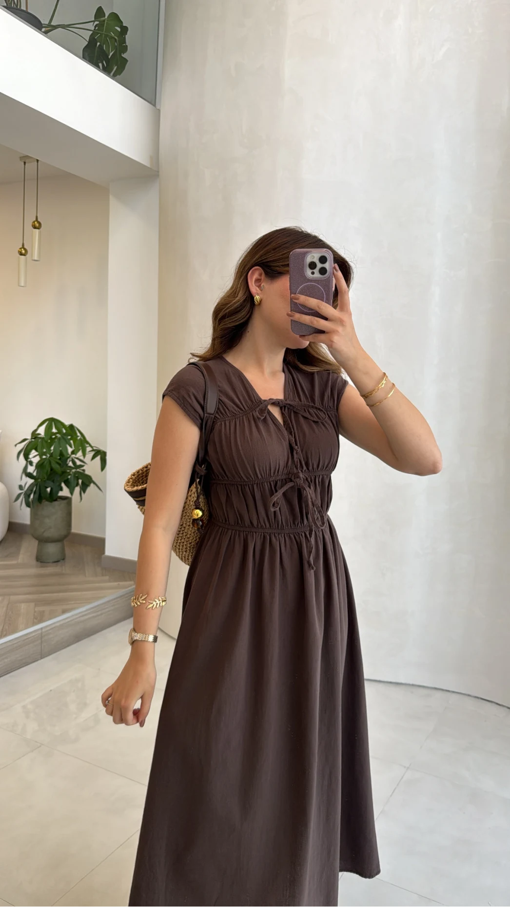 Daphne Lastikli Sıfır Kol Pamuk Elbise - Kahve - Kod: 2379