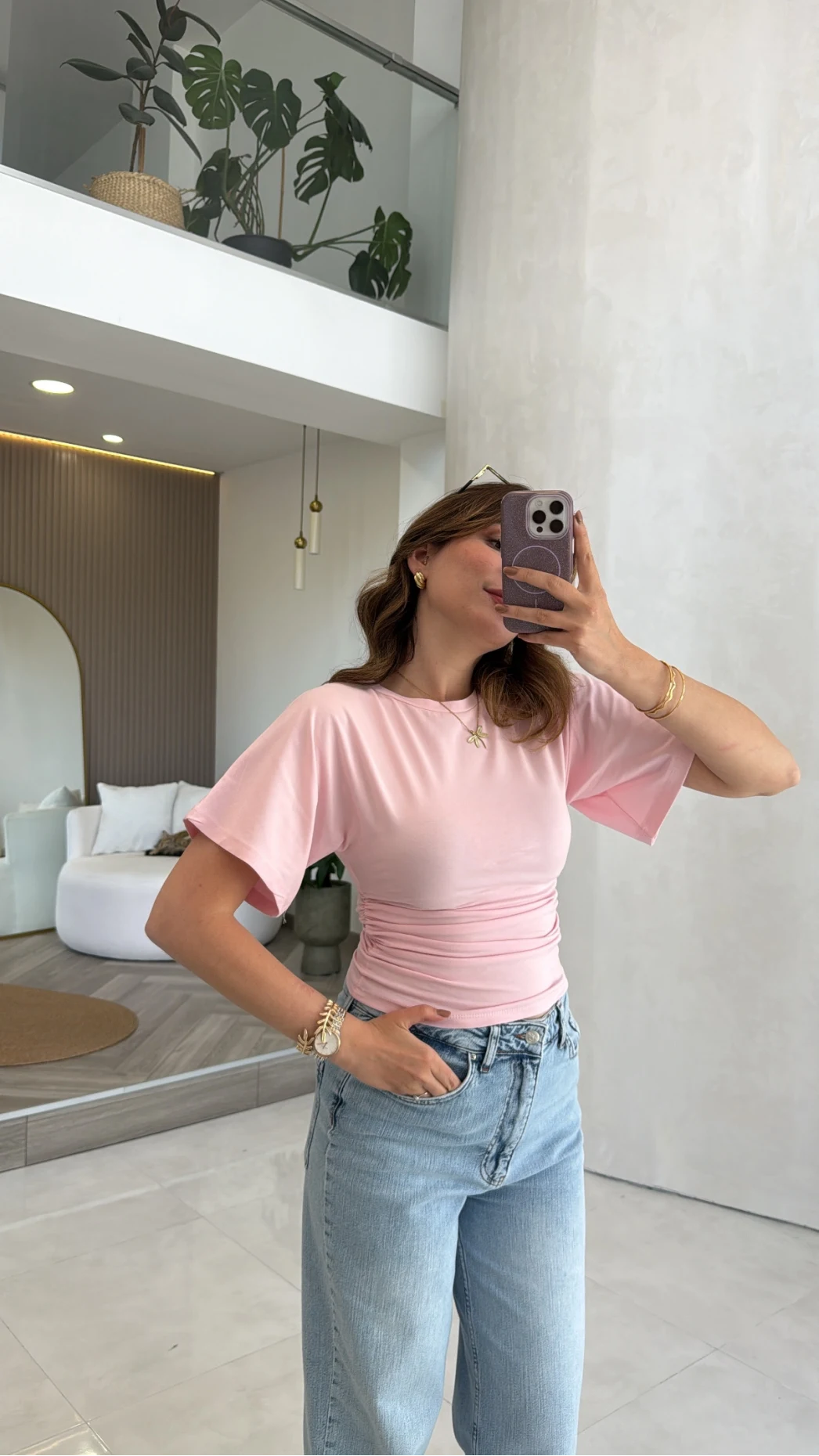 Shay Beli Büzgülü Bluz - Pembe - Kod: 1085
