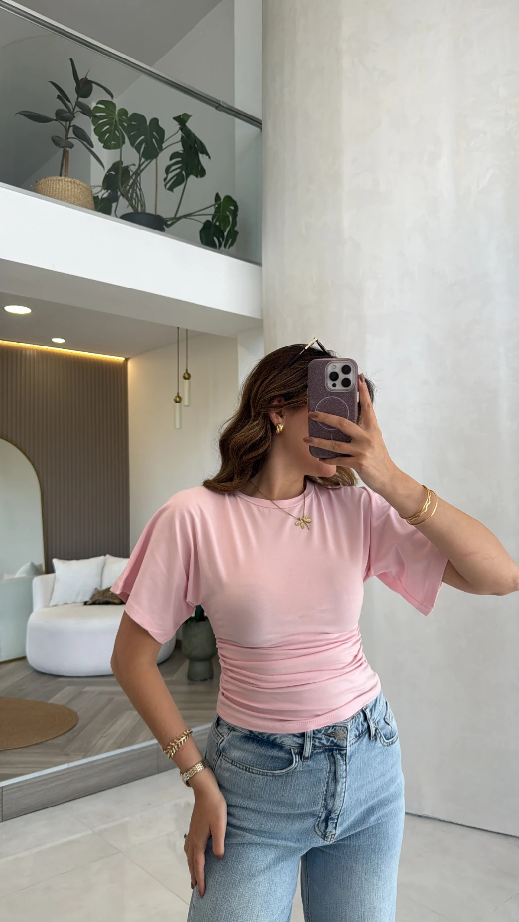 Shay Beli Büzgülü Bluz - Pembe - Kod: 1085