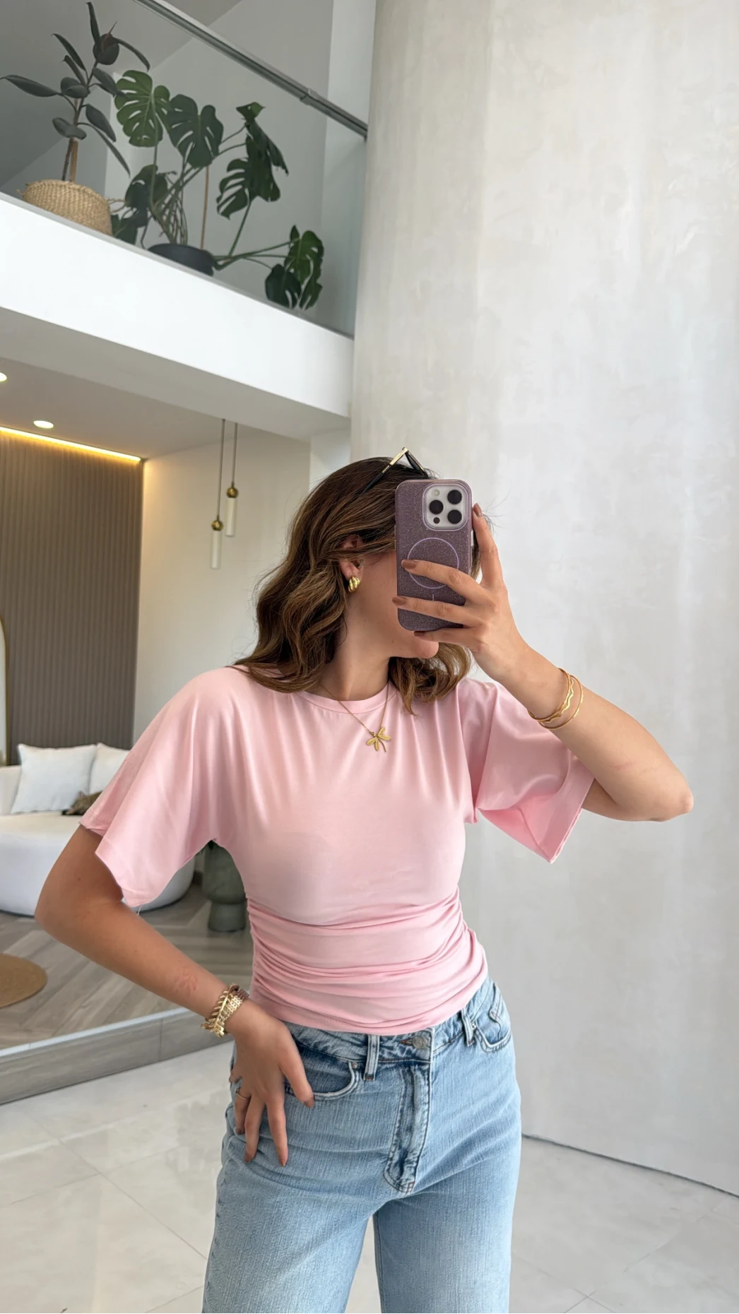 Shay Beli Büzgülü Bluz - Pembe - Kod: 1085