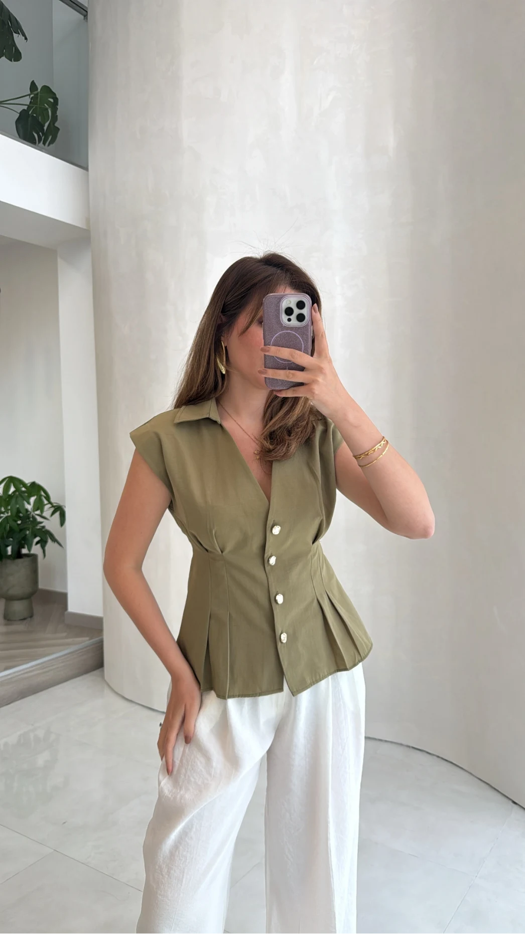 Miela Sıfır Kol Düğmeli Bluz - Haki - Kod: 2299