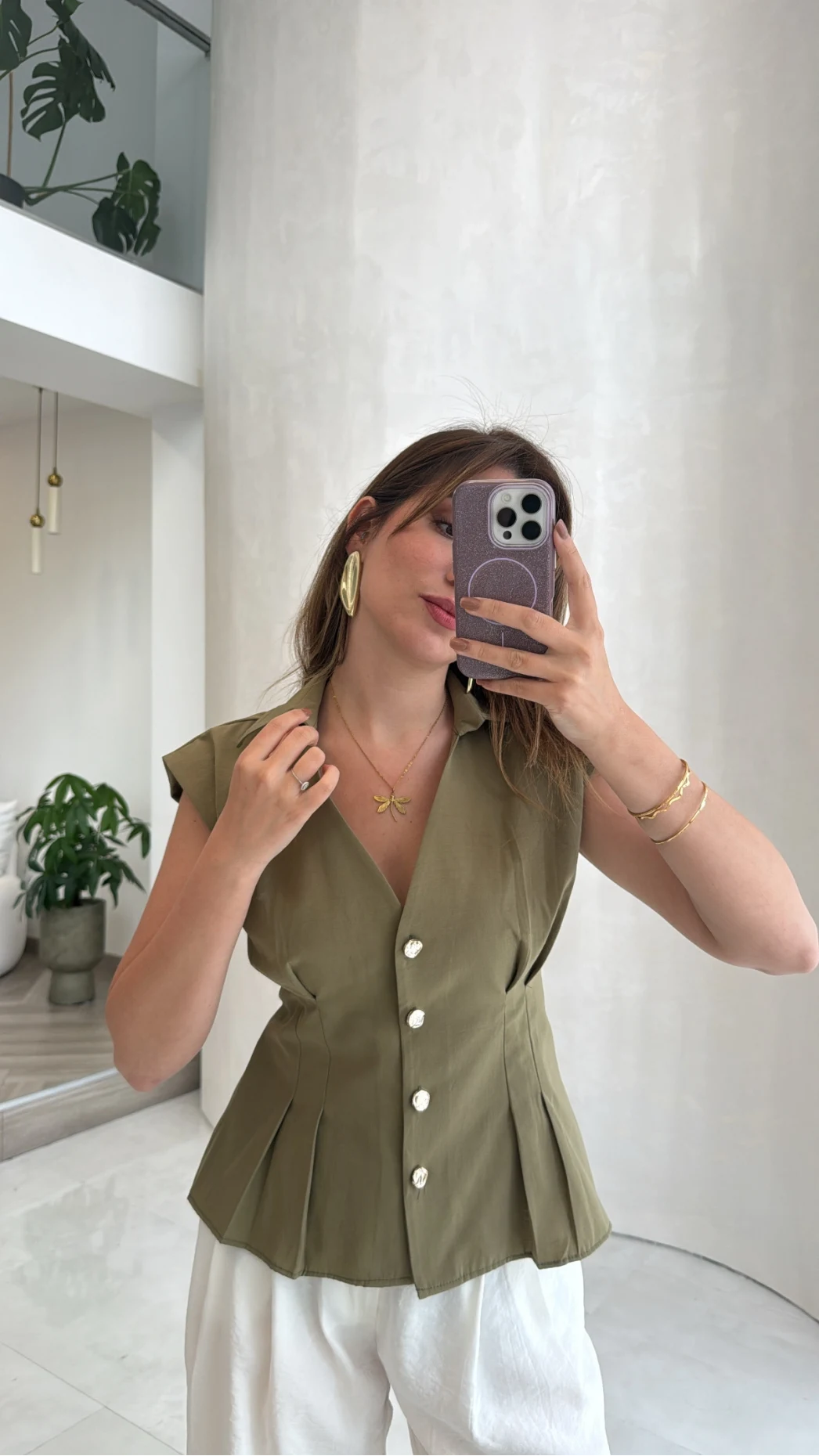 Miela Sıfır Kol Düğmeli Bluz - Haki - Kod: 2299