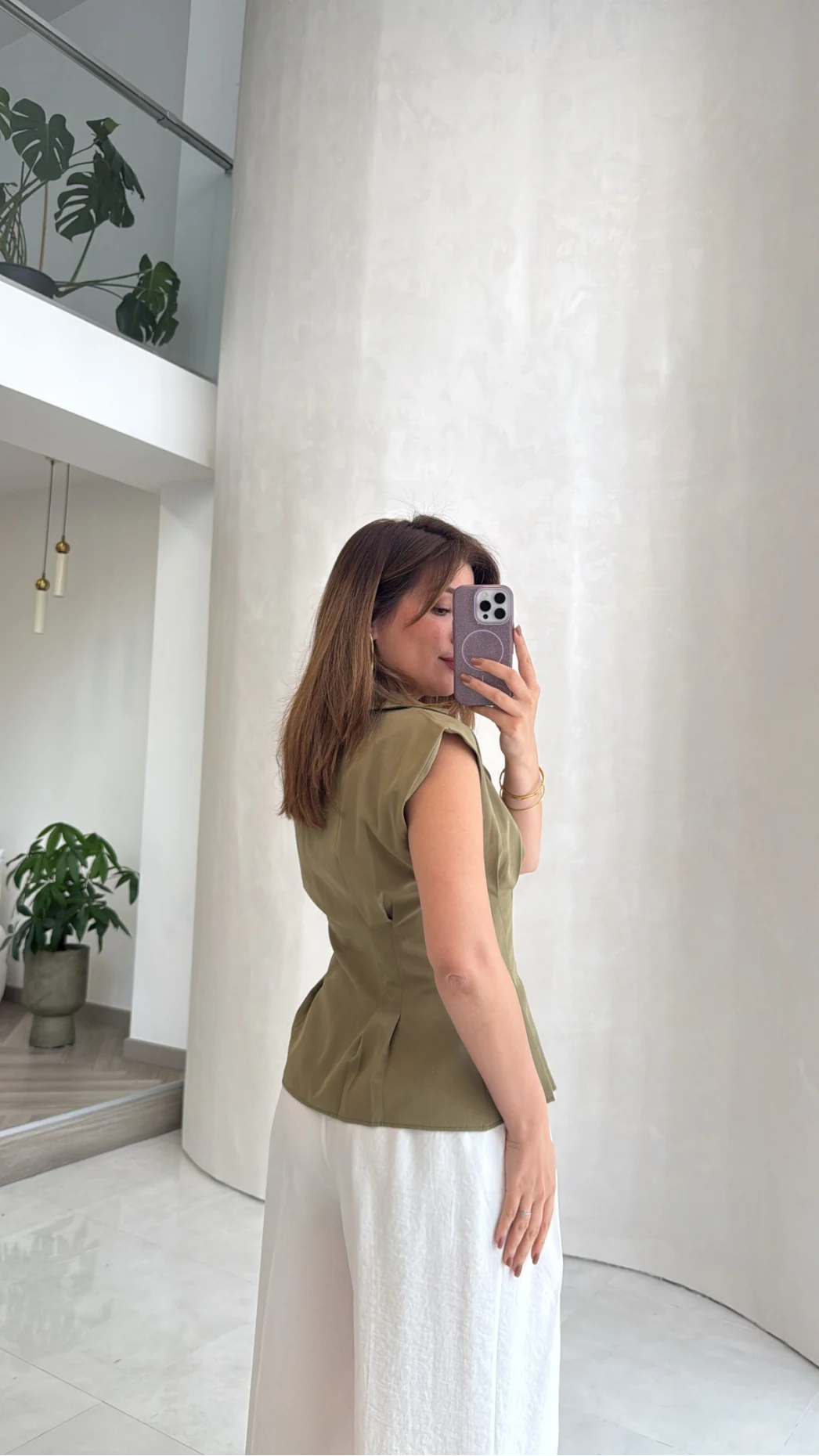 Miela Sıfır Kol Düğmeli Bluz - Haki - Kod: 2299
