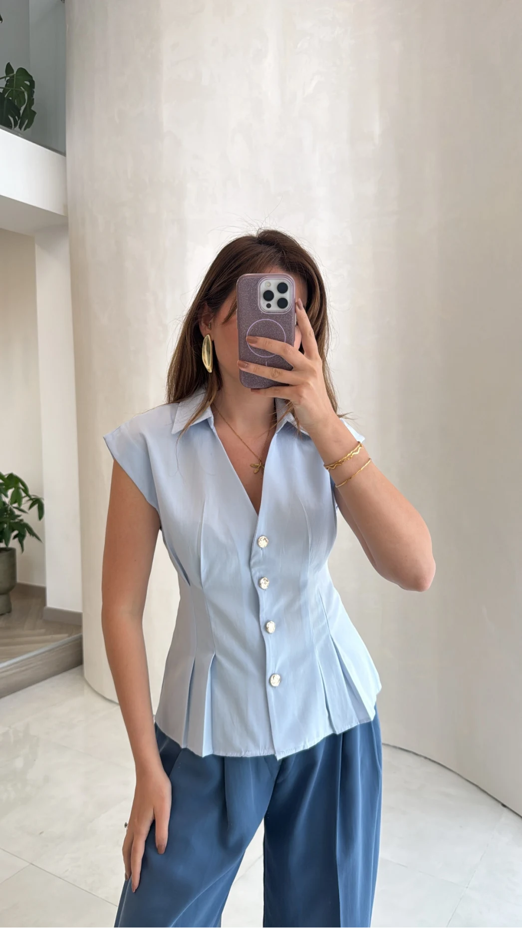Miela Sıfır Kol Düğmeli Bluz - Mavi - Kod: 2299