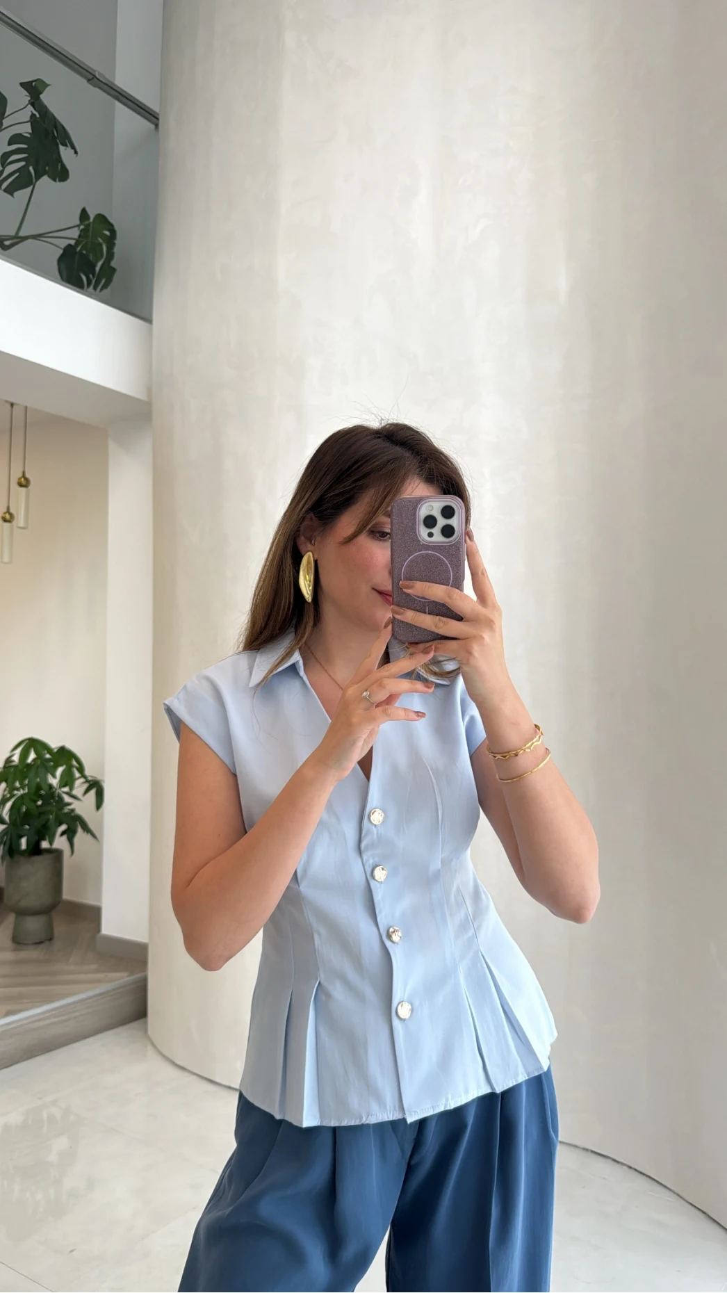 Miela Sıfır Kol Düğmeli Bluz - Mavi - Kod: 2299