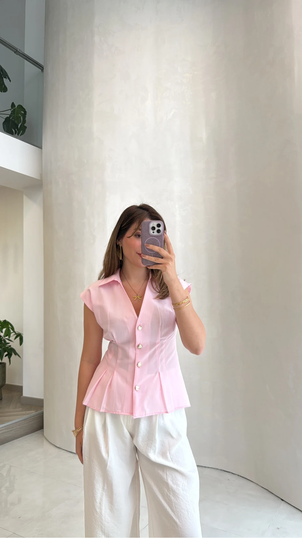 Miela Sıfır Kol Düğmeli Bluz - Pembe - Kod: 2299