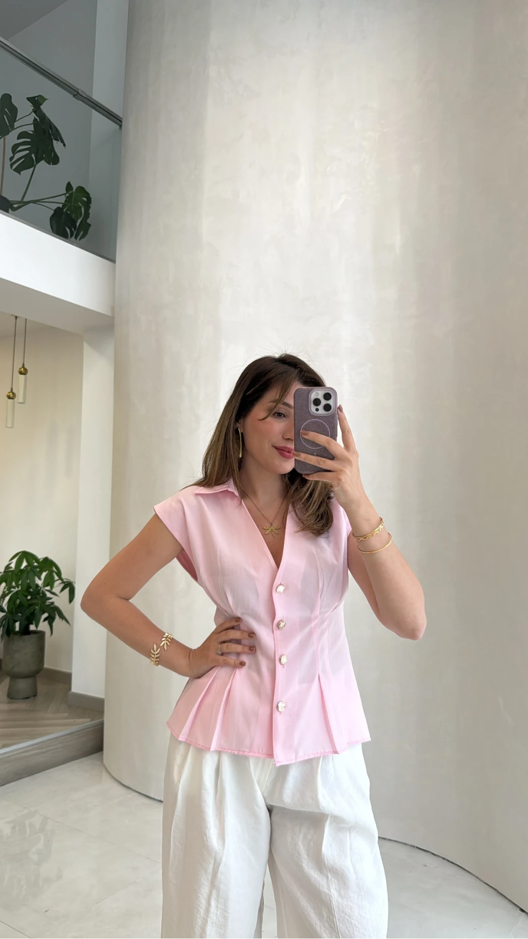 Miela Sıfır Kol Düğmeli Bluz - Pembe - Kod: 2299