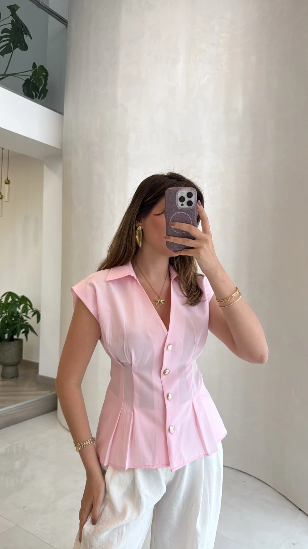 Miela Sıfır Kol Düğmeli Bluz - Pembe - Kod: 2299