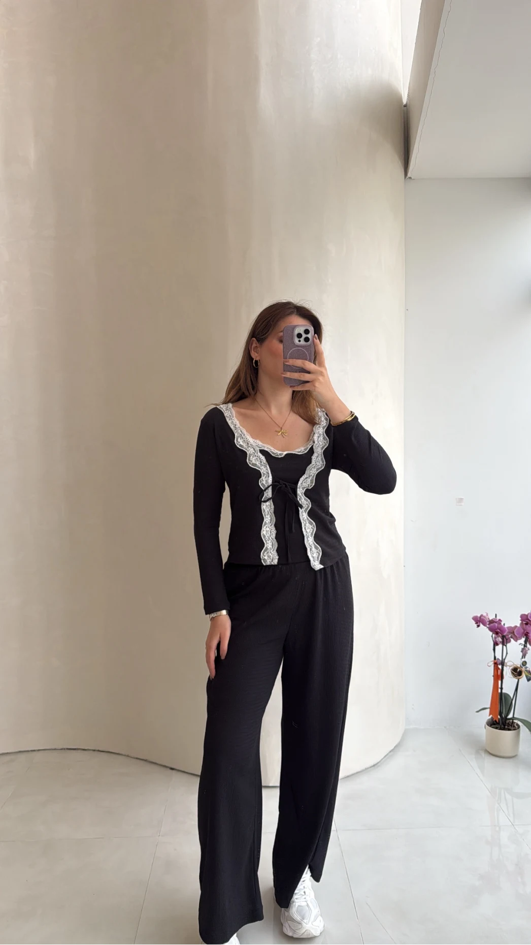 Bürümcük Kumaş İçi Askılı Dantelli Takım - Siyah - Kod: 6050