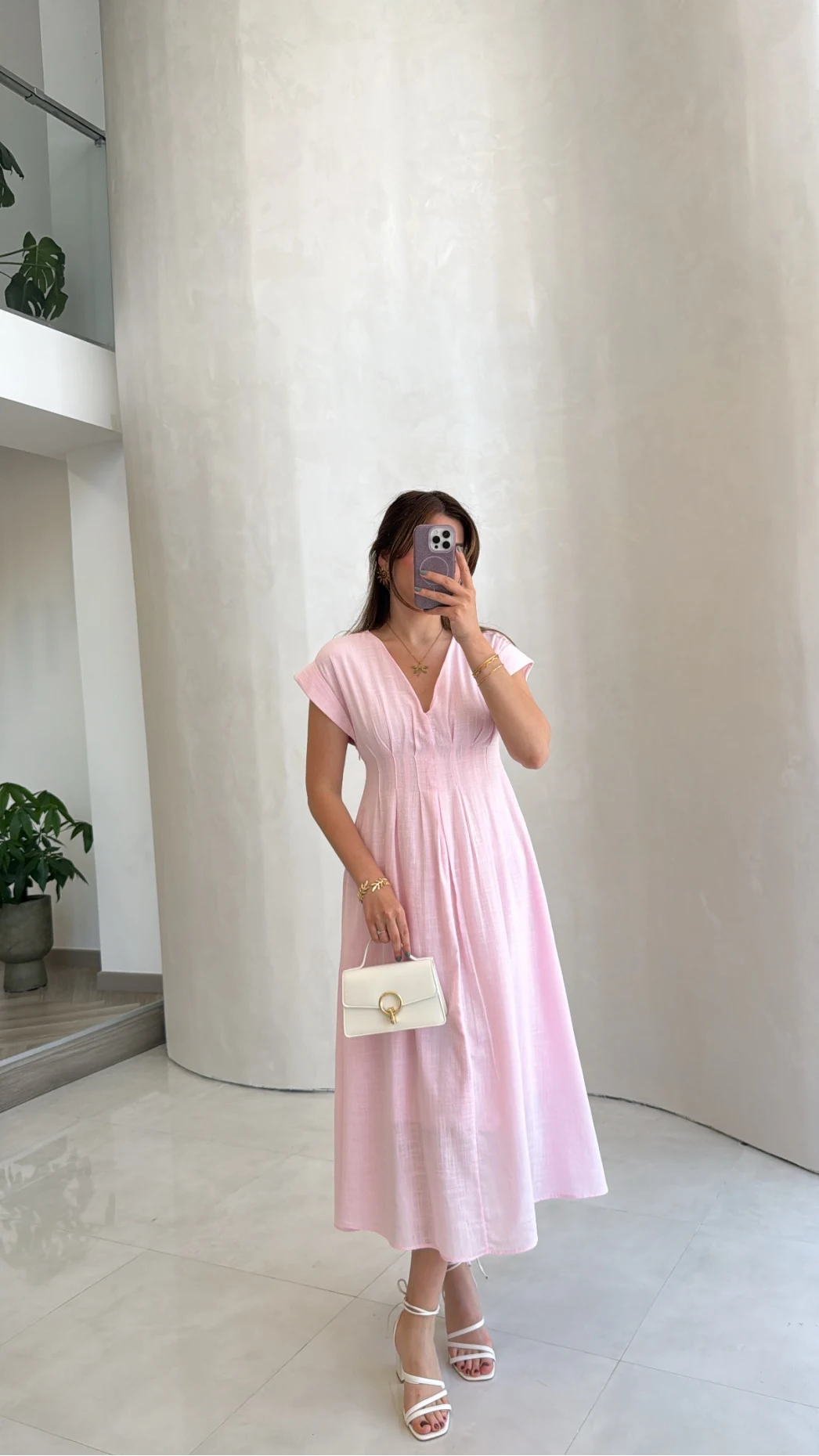 Penny Keten Astarlı Bağlamalı Elbise - Pembe - Kod: 3082