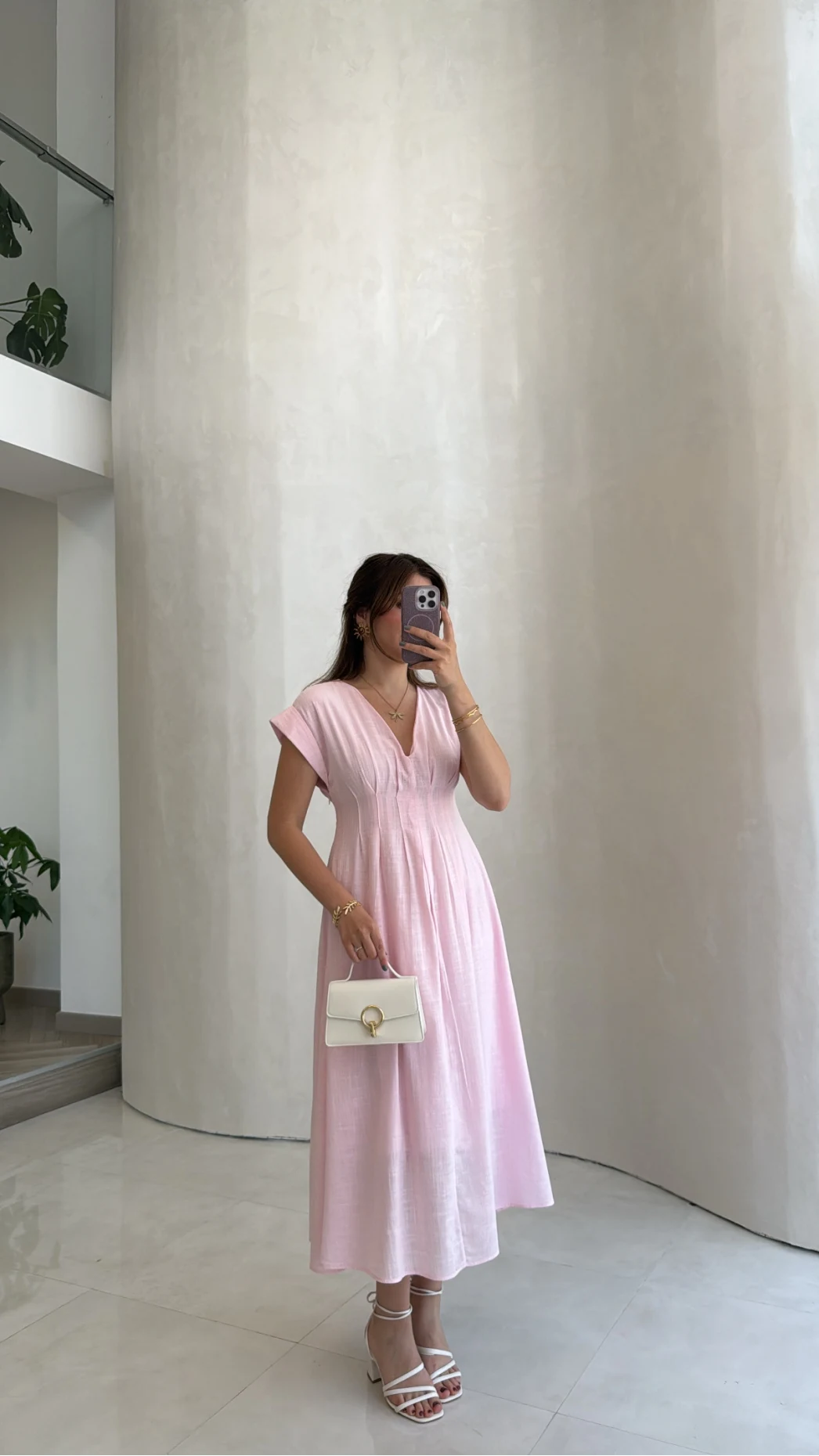 Penny Keten Astarlı Bağlamalı Elbise - Pembe - Kod: 3082