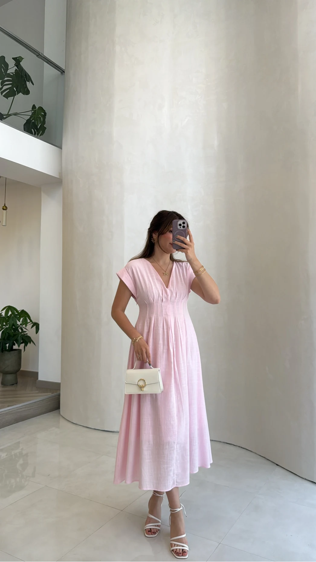 Penny Keten Astarlı Bağlamalı Elbise - Pembe - Kod: 3082