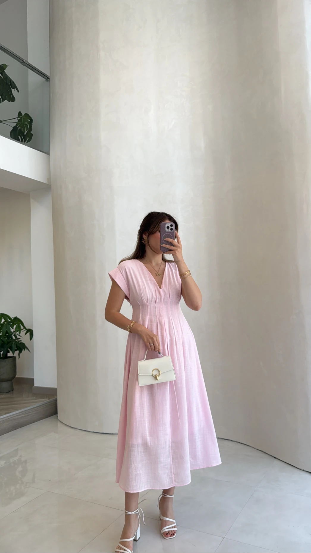 Penny Keten Astarlı Bağlamalı Elbise - Pembe - Kod: 3082