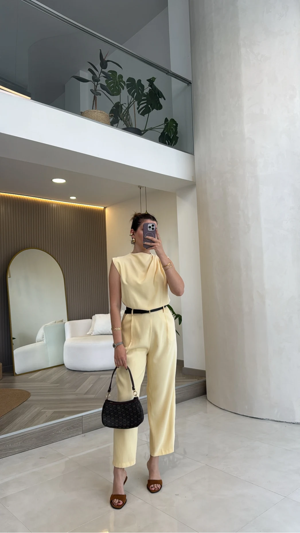 Kemerli Sıfır Kol Tulum - Sarı - Kod: 580907