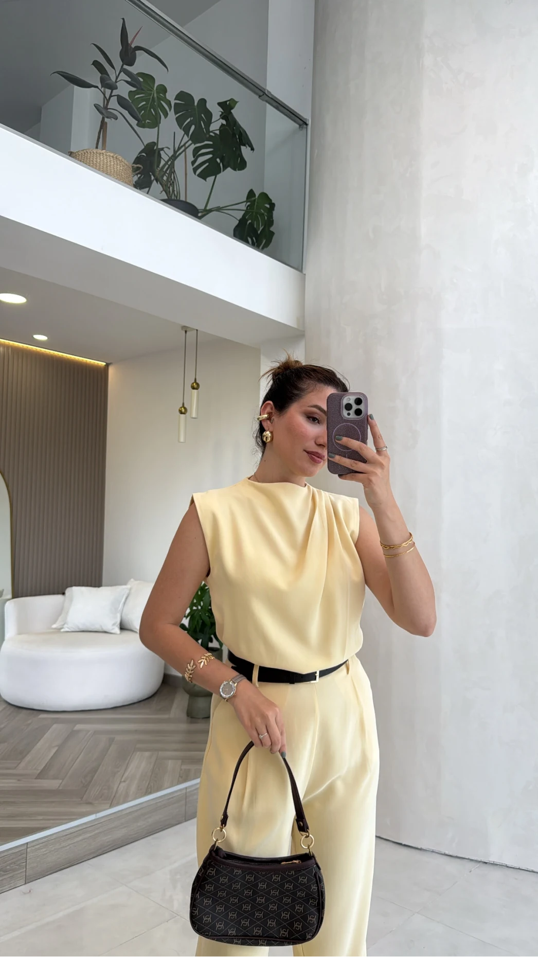 Kemerli Sıfır Kol Tulum - Sarı - Kod: 580907