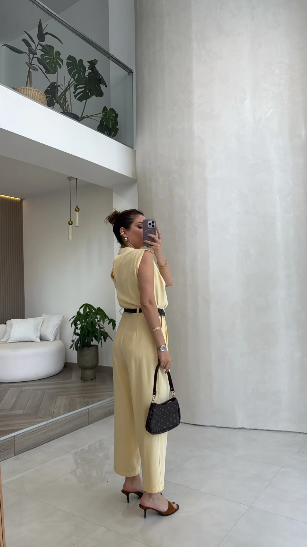 Kemerli Sıfır Kol Tulum - Sarı - Kod: 580907