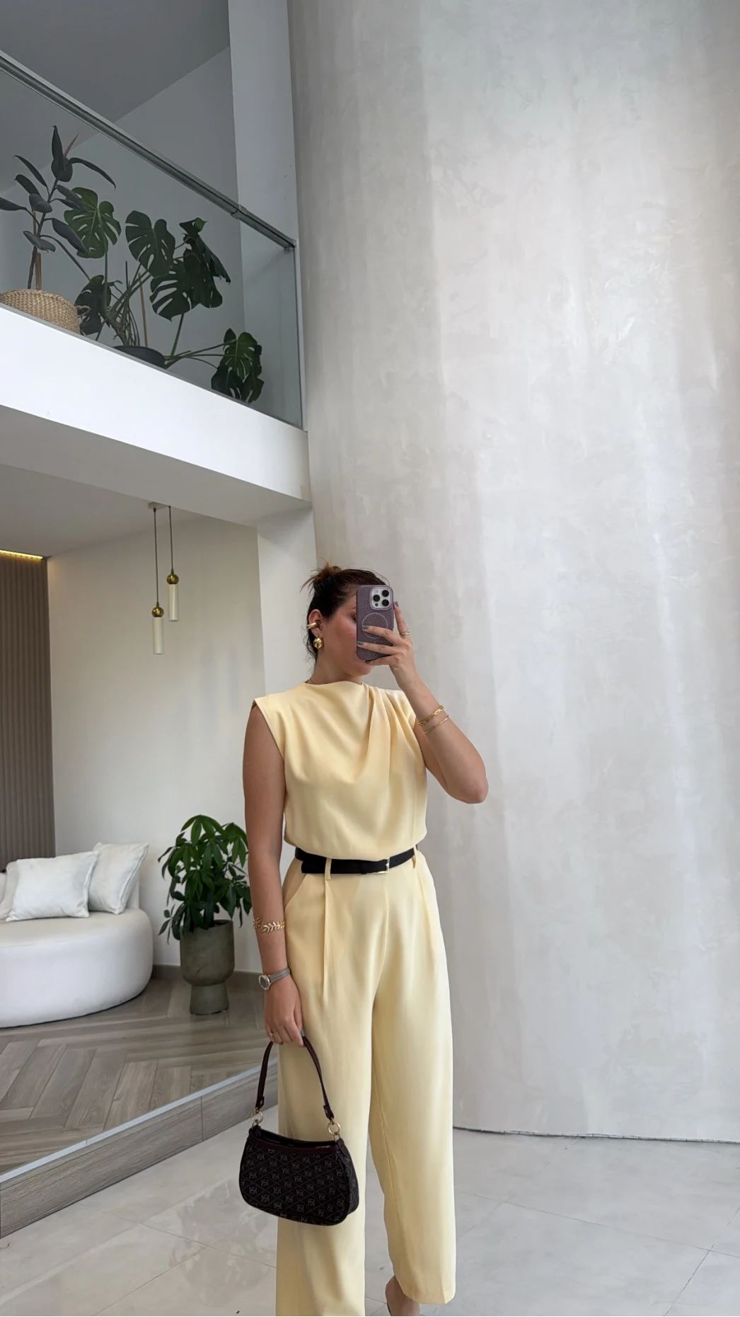 Kemerli Sıfır Kol Tulum - Sarı - Kod: 580907