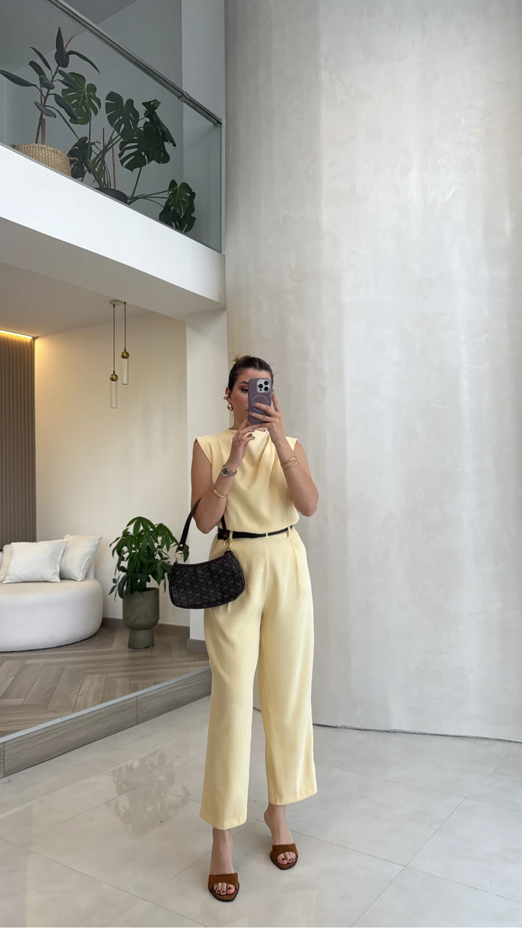 Kemerli Sıfır Kol Tulum - Sarı - Kod: 580907
