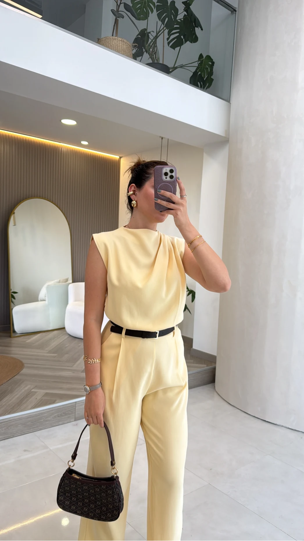 Kemerli Sıfır Kol Tulum - Sarı - Kod: 580907