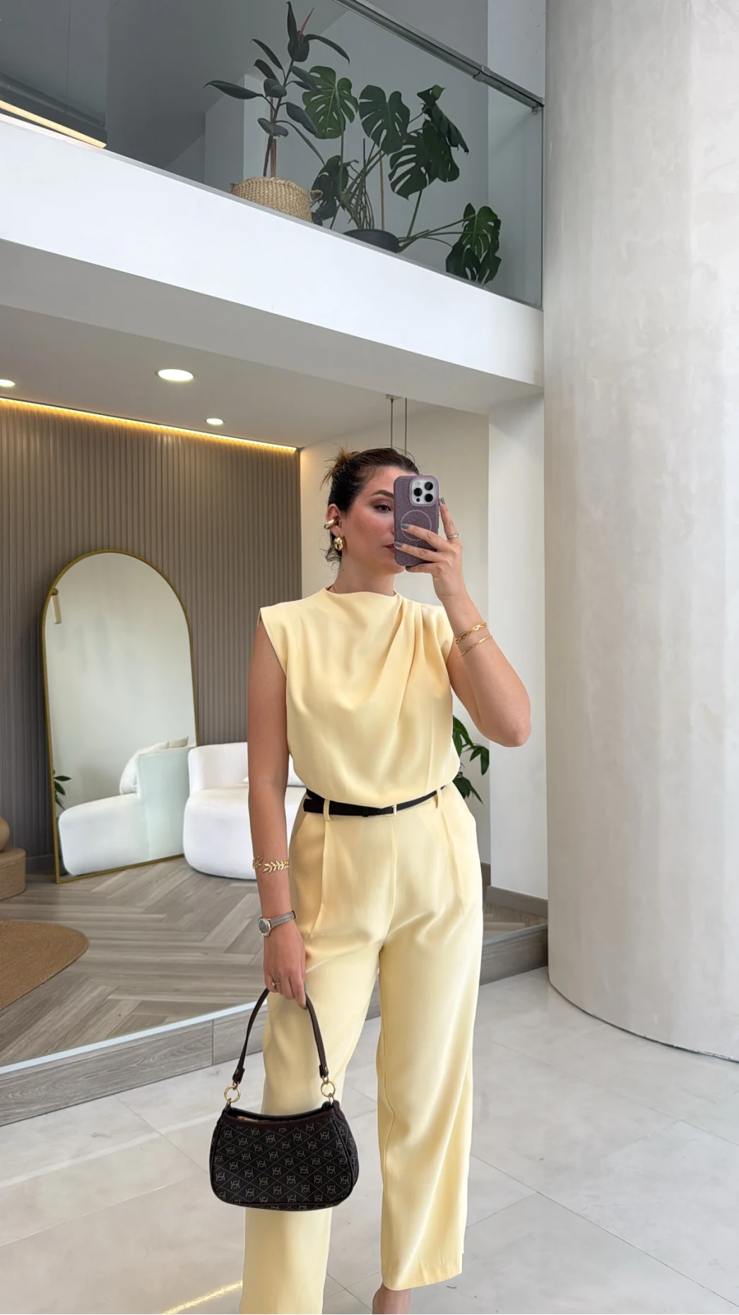Kemerli Sıfır Kol Tulum - Sarı - Kod: 580907