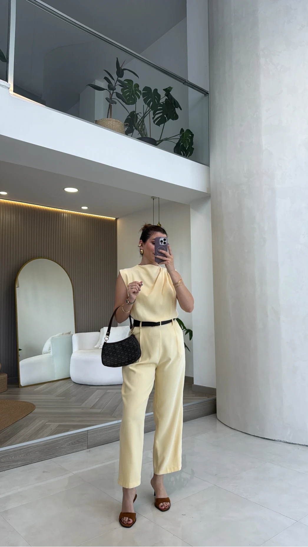 Kemerli Sıfır Kol Tulum - Sarı - Kod: 580907
