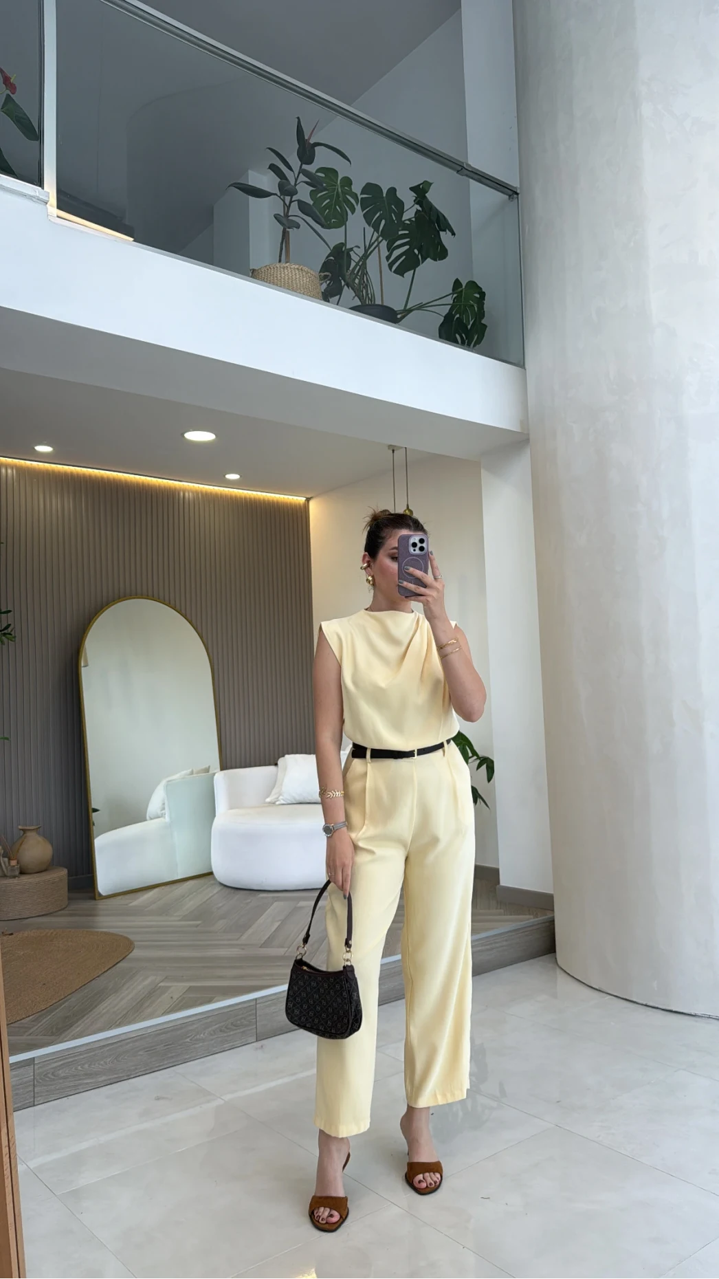 Kemerli Sıfır Kol Tulum - Sarı - Kod: 580907