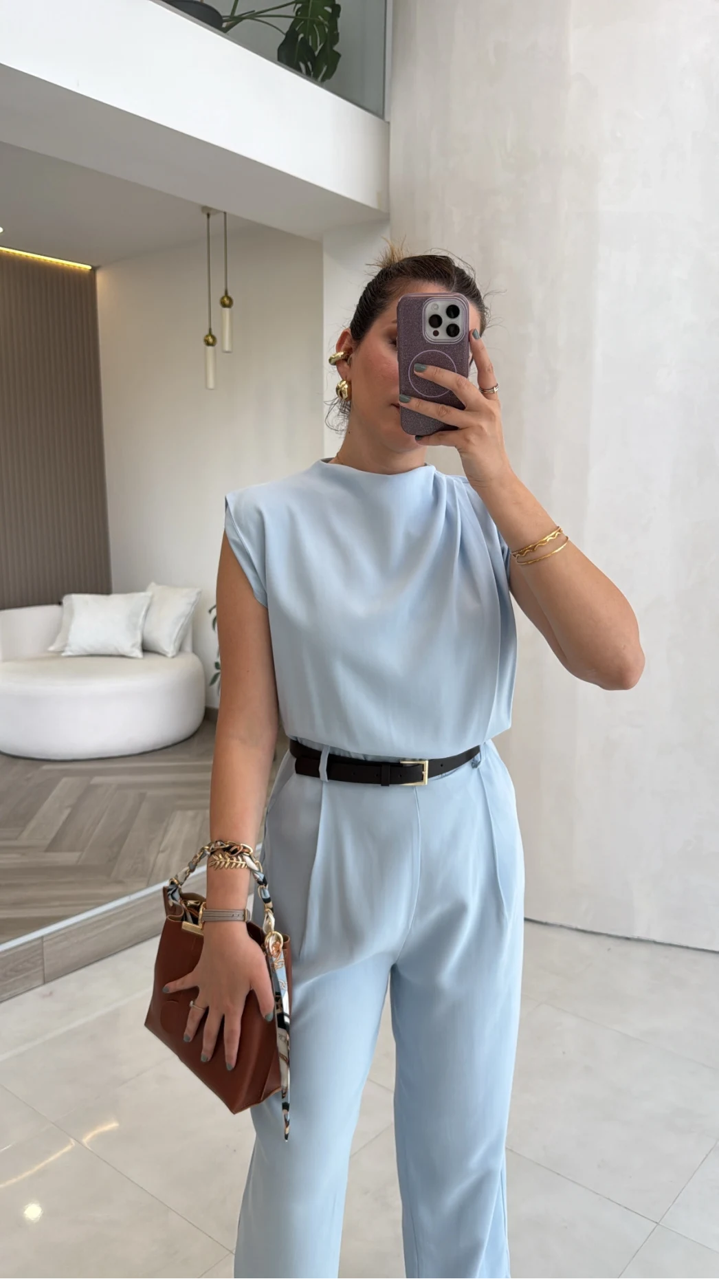 Kemerli Sıfır Kol Tulum - Mavi - Kod: 580907