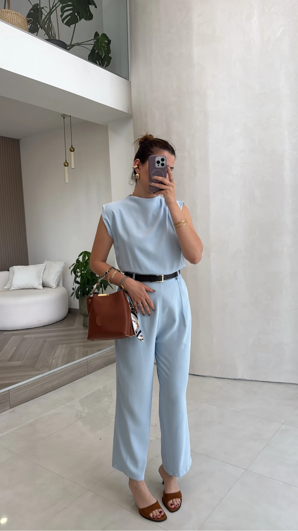 Kemerli Sıfır Kol Tulum - Mavi - Kod: 580907