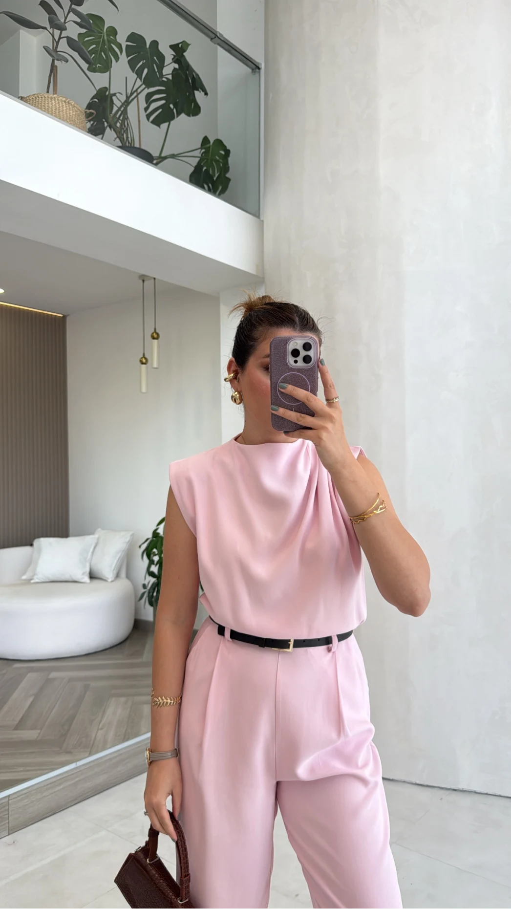 Kemerli Sıfır Kol Tulum - Pembe - Kod: 580907